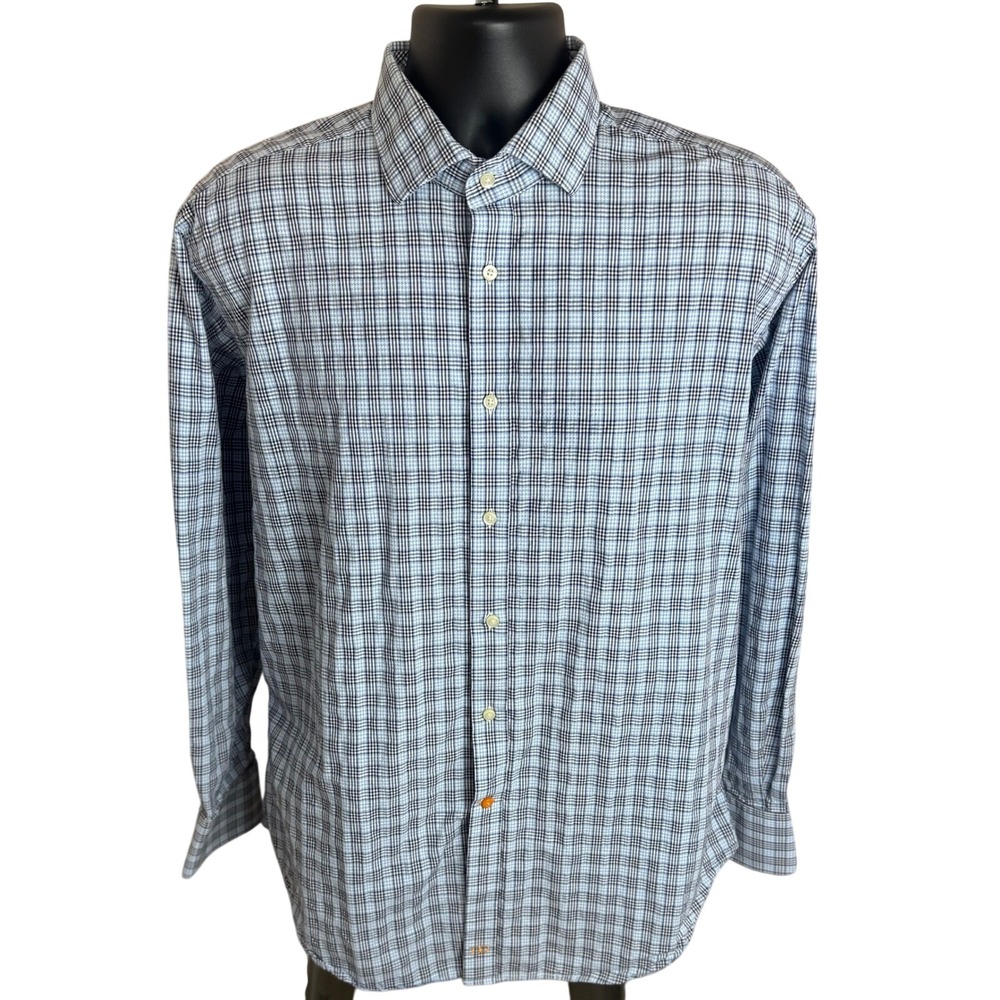 Thomas Dean Mens Blue Black‎ Plaid Long Sleeve Button Down Shirt TD